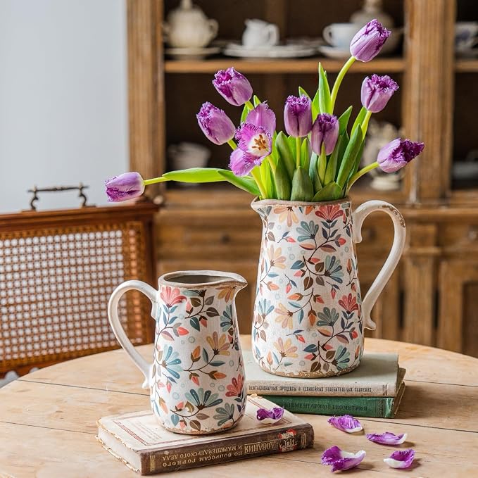 Vintage Colorful Flower Ceramic Vase with Handle, Retro Ice Glazed Crack Farmhouse Pitcher Vase for Home Decor, Living Room, Shelf, Office, Rustic Table Centerpiece 9 Inch