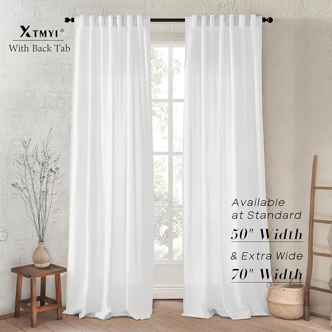 XTMYI White Linen Curtains 100 Inch Length 2 Panels Set Custom Length Back Tab Cotton Polyester Blend Window Sheer Curtain Drapes for Living Room Bedroom,50x100 in Long