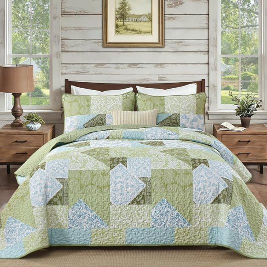 Mybedsoul Quilts Queen Size, Floral Patchwork Bedding Set, Sage Green | Soft Lightweight Microfiber Coverlet Set, 3 Pieces Plaid Reversible Bedspread, Bed Sets for All Seasons 96"x90"