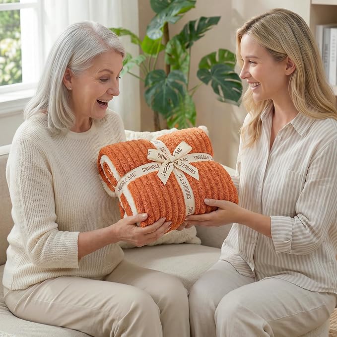 Snuggle Sac Ribbed Burnt Orange Fall Throw Blanket for Couch, Fuzzy Microfiber Knit Blankets for Couch, Sofa, Travel, Burnt Orange, 50x60 inches