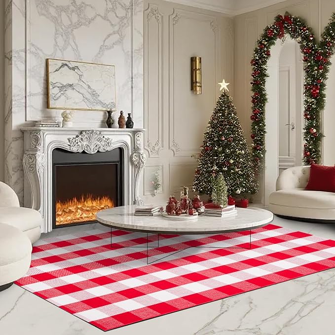 Christmas Buffalo Plaid Rug 4x6 Ft, Red White Indoor Outdoor Rug | Cotton Blend, Hand-Woven Look, Machine Washable, Layering Rug, Porch Entryway Decor