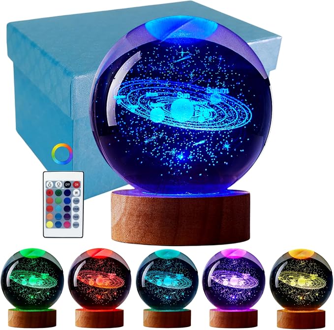 3D Solar System Crystal Ball Lamp, Upgraded 3.15 Inch Galaxy Crystal Ball Night Light with 16 Colors LED Wooden Base, Remote Control, Gift Box Packaging, Home Decor Gift for Friends (solar system)
