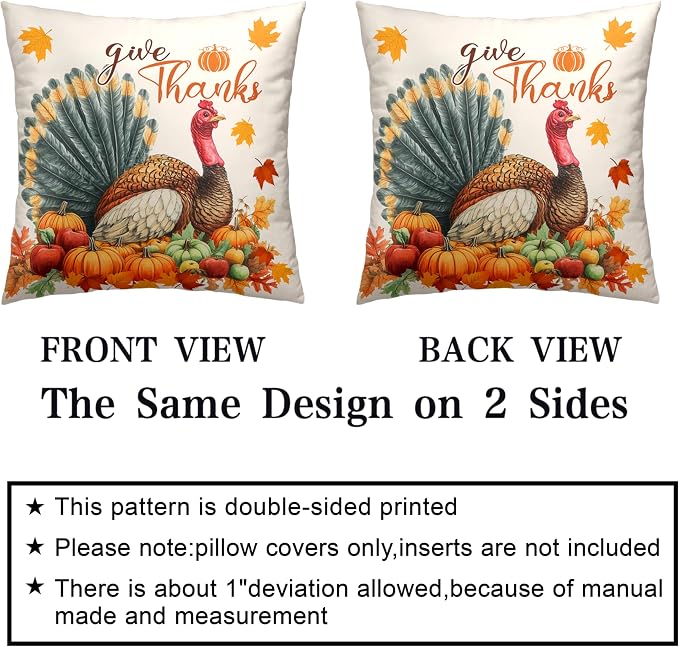 Set of 2 Thanksgiving Throw Pillow Covers 16x16 Turkey with Autumn Pumpkin Pillow Covers Fall Harvest Pillow Case Square Cushion Case for Living Room Couch