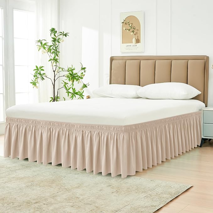 Wrap Around Bed Skirt Full Size Beds 15 Inch Drop-Elastic Dust Ruffle Sand | Adjustable Pleated Bedskirt-Easy Fit Wrinkle Resistant Washable Bed Skirting-Hotel Studio Apartment Home Guest Bedroom Rental