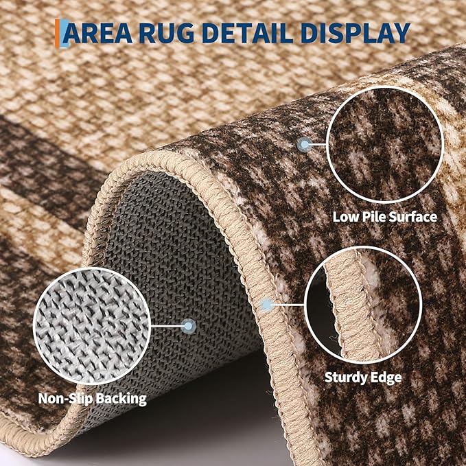 COZYLOOM 9x12 Area Rug for Bedroom Modern Washable Kids Room Rug with Rubber Backing, Stain Resistant Bordered Rugs Non Shedding Low Pile Minimalist Carpet for Living Room, Dining Room, Brown