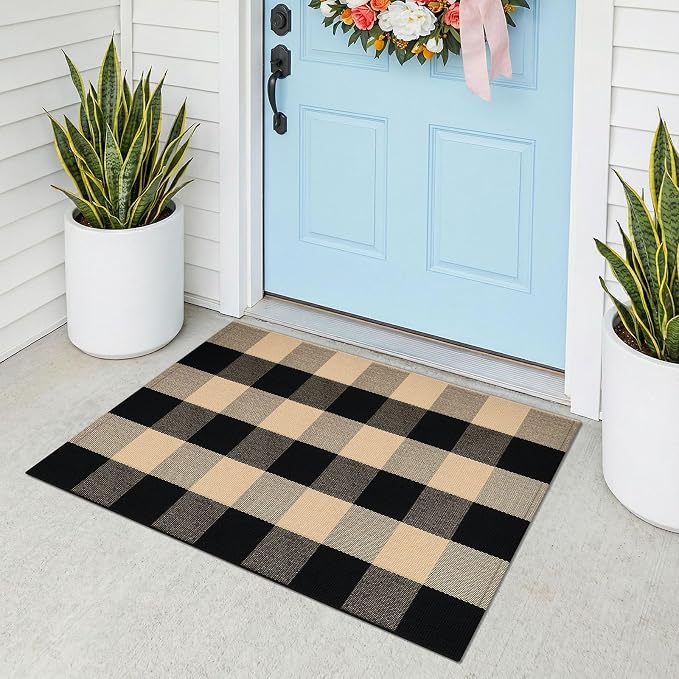 KOZYFLY Buffalo Plaid Area Rugs 2x3 Ft Brown and Black Rug Front Door Mat | Washable Front Door Mat, Woven Cotton Outdoor Rug, Indoor Small Checkered Rug for Front Porch Kitchen Entryway Patio