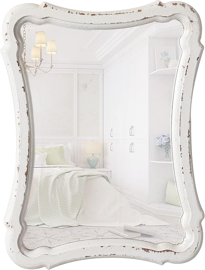 Rustic Wood Framed Small Wall Mirror Decor 12 x 9 inches | Handmade Distressed White Vintage Decorative Mirror, Hanging Ornate Accent Sculpted Farmhouse Mirrors for Bathroom