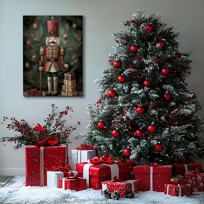Vintage Christmas Wall Art Canvas – Rustic Christmas Decor for Living Room & Bedroom – Framed Christmas Prints & Pictures for Home Decor