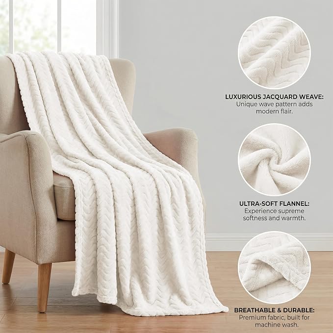 Exclusivo Mezcla Soft Fleece Blanket King Size for Bed, Sofa, Ivory | 90"x104" Breathable Lightweight Flannel Blanket for Summer, Plush Cozy Jacquard Wave for Home Decor