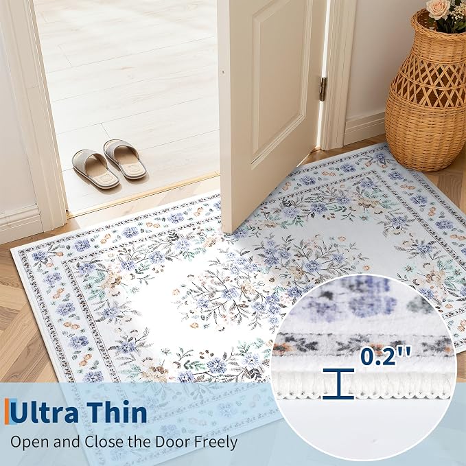 GarveeHome 3x5 Floral Rug for Nursery Vintage Flower Leaf Bordered Carpet | Machine Washable Non-Slip Low Pile Throw Floor Cover Colorful Beige Area Rug for Bedroom Living Room Dining