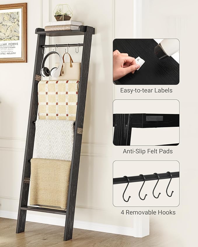 Hzuaneri Blanket Ladder Shelf, Farmhouse Ladder Holder, Blanket Organizer | 6-Tier Decorative Quilt Rack with 4 Removable Hooks 7.9" D x 17.3" W x 63.4" H, Black BR35804B