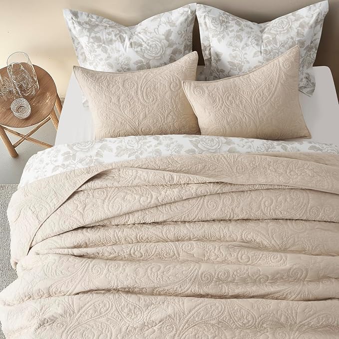 EVERGRACEHOME 100% Cotton Paisley Quilt Set, King Size, Flax Beige | Prewashed for Softness, Year-Round Breathability, Gift-Ready Box, Matelasse-style Quilted Coverlet, 3 Piece Set with 2 Shams