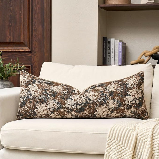 Yangest Neutral Floral Pillow Cover 14 x 36 Inches, Vintage Chenille Accent Throw Pillow Cover Soft Decorative Farmhouse Accent Couch Pillow Cover for Living Room Bedroom, Coffee Brown