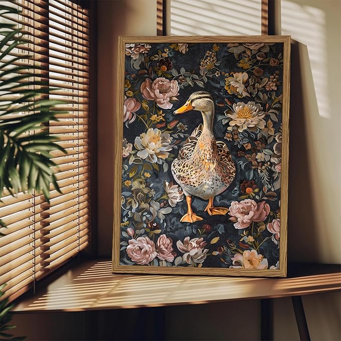 Vintage Mallard Duck Wall Art, Duck Wall Decor Painting Moody Floral Animal Poster Canvas Print Picture for Living Room Bedroom 12x16 inch Wood Framed