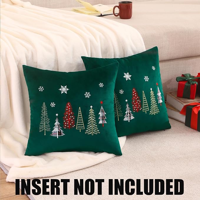 Christmas Embroidery Throw Pillow Covers 16x16 inch Set of 2 Xmas Dec Velvet Pillowcases Forest Green Christmas Tree Cushion Pillow Cases Soft Square Holiday Pillowcase