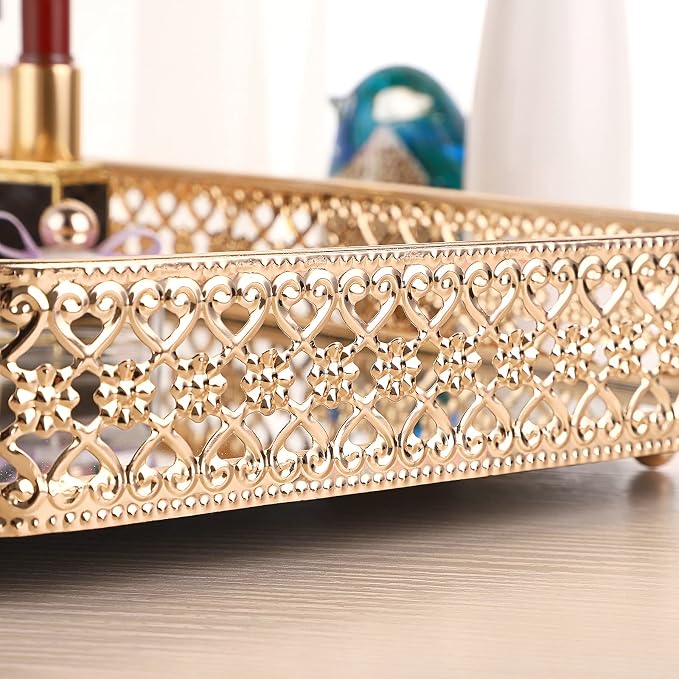 ELLDOO Gold Mirror Glass Perfume & Makeup Vanity Tray, Medium Size