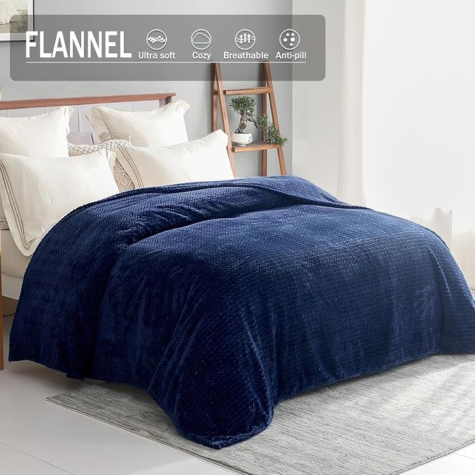 Exclusivo Mezcla Soft Fleece Blanket King Size, Cozy Lightweight Blankets with Decorative Wave Textured Suitable for All Season Use, Navy Blue, 90x104 Inches | 90"x104" Breathable Lightweight Flannel Blanket for Summer, Plush Cozy Jacquard Wave for Hom...