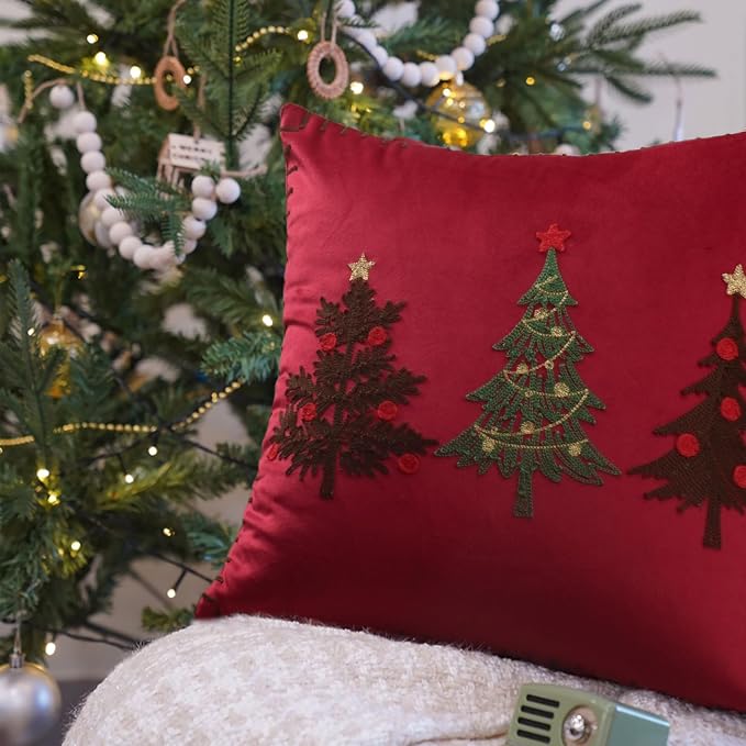 Christmas Tree Pillow Covers 18x18 Inch Red Embroidered Tree Throw Pillows for Holiday Decorations - Cushions for Couch, Sofa, Bed, Living Room, Bedroom