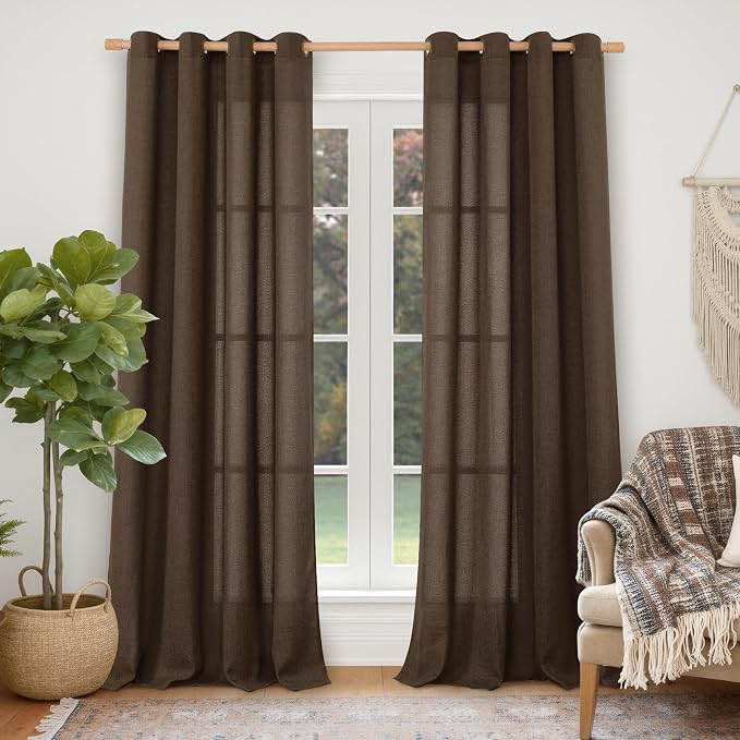 YoungsTex Brown Linen Curtains 98 Inch Length for Living Room Window, Light Filtering Drapes Rustic Semi Sheer with Bronze Grommet Privacy for Bedroom Decorative, 52 x 98 Inch, 2 Panels