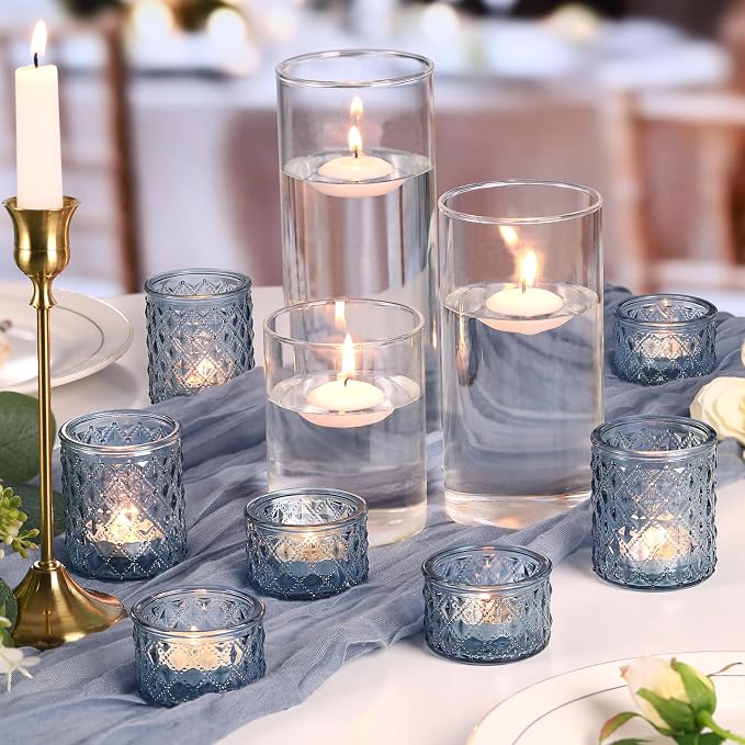NITIME 24pcs Assorted Blue Votive Candle Holders, Tealight Candle Holders for Table Centerpiece, Blue Candle Holder Decor for Wedding, Baby Shower Party & Spa