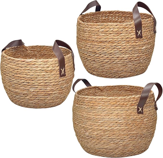 GIB Round Seagrass Storage Baskets Woven Wicker Planter Baskets for Decor | Decorative Basket for Blankets, Plants, Shelves Organizing, Natural Rattan, Leather Handles, 13", 12" & 11", Set of 3