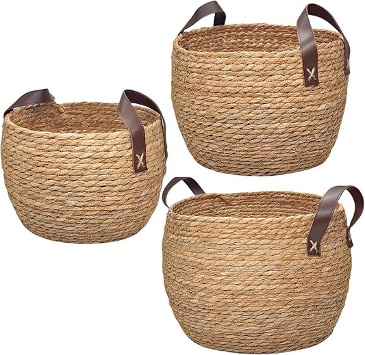 GIB Round Seagrass Storage Baskets Woven Wicker Planter Baskets for Decor | Decorative Basket for Blankets, Plants, Shelves Organizing, Natural Rattan, Leather Handles, 13", 12" & 11", Set of 3