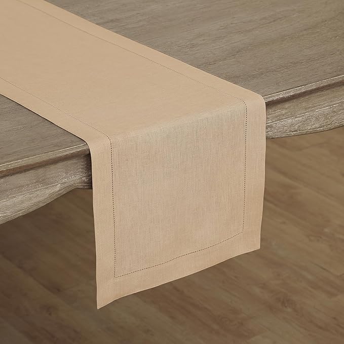 Solino Home 100% Linen Table Runner Beige, Classic Hemstitch 14 x 120 in | a graceful centrepiece for dining and gatherings, hemstitched border, mitered corners, machine washable, OEKO-TEX Certified