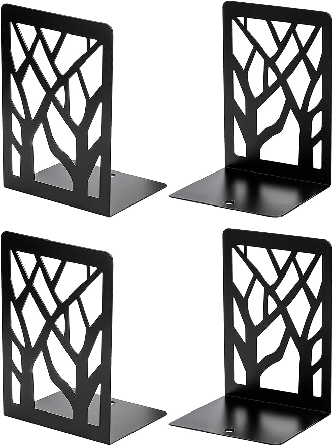 MaxGear Book Ends Tree Design Bookends for Shelves 7 x 4.7 x 3.5” 2 Pair | Metal Constructio,Heavy Duty,Non-Skid Pads,Scratch Resistant,Stable Support,Space Saving,4 Pieces,Bookcase Desktop Use