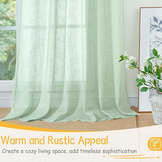 YoungsTex Light Green Linen Curtains 63 Inch Length, Semi Sheer Drapes with Rod Pocket Back Tab Textured Light Filtering Spring Decor for Living Room Window, 2 Panels, 42 X 63 Inch