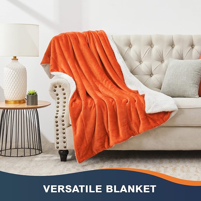 Walensee Sherpa Fleece Blanket (Throw Size 50”x60” Orange) Plush Throw Fuzzy Super Soft Reversible Microfiber Flannel Blankets for Couch, Bed, Sofa Ultra Luxurious Warm and Cozy for All Seasons