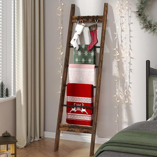 Hzuaneri Blanket Ladder Decorative Quilt Rack with 4 Removable Hooks | 6-Tier Farmhouse Ladder Holder Shelf Organizer for Living Room Bedroom, Rustic Brown BR31501B