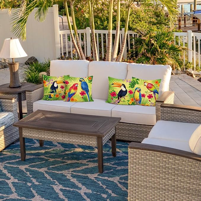 Bonhause Tropical Birds Parrot Toucan Throw Pillow Covers 18 x 18 Inch Set of 4 Flowers Leaves Outdoor Decorative Pillow Cases Polyester Linen Cushion Covers for Sofa Couch Car Bedroom Home Decor