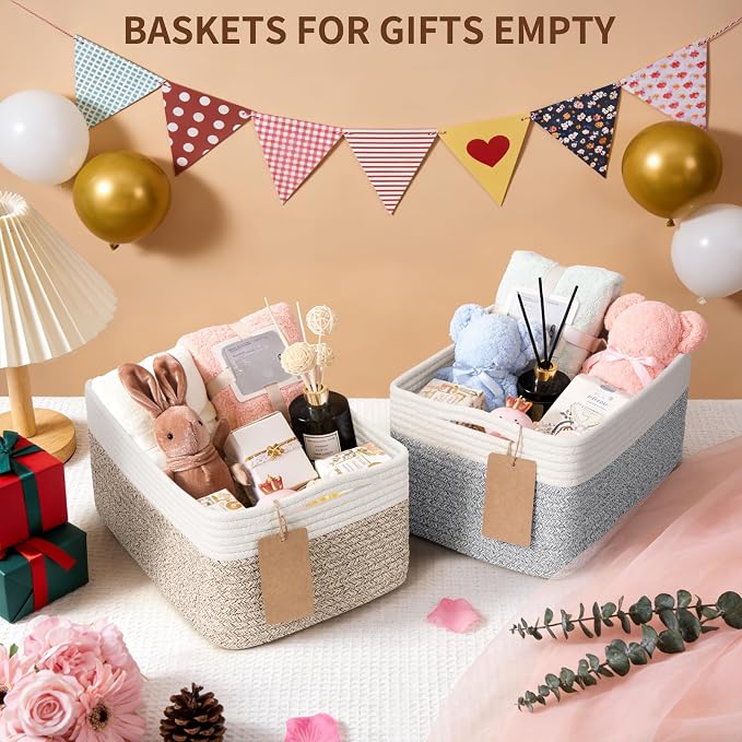 Goodpick 4 Pack Storage Baskets for Organizing Shelves, Black & Jute | 13" x 8" x 6" Woven Rope Baskets for Toys, Books & Magazines, Decorative Gift Basket for Nursery & Home, Rectangle Design