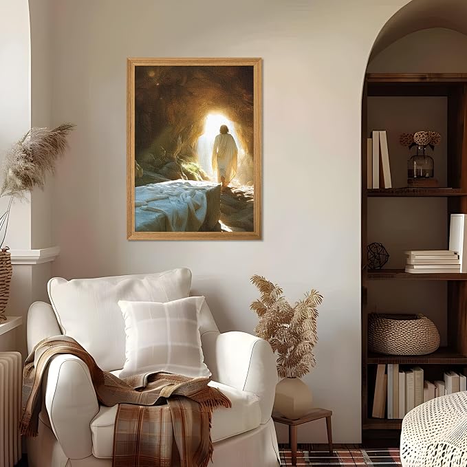 3D Textured Framed Easter Jesus Wall Art, Jesus Leaves the Tomb Christian Wall Decor Painting, Religion Resurrection Savior Picture Poster Print for Church Prayer Room Living Room 12x16 Inch