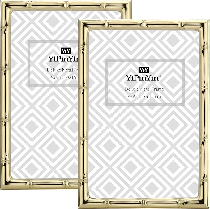 YiPinYin 4x6'' Bamboo Detail Design Gold Metal Picture Frame 2pack, Elegant gold Plated Photo Frames 4 x 6'' With Soft Touch Velvet Backing for Desktop and Wall Décor