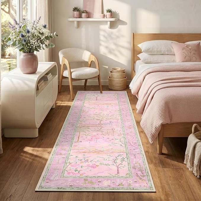 2x6 Hallway Runner Rug Non Slip Forest Nursery Runners Washable Stain Resistant Fairy Tale Whimsical Long Runner Carpets Girls Room Purple Safari Animal Rugs for Living Room Kitchen Bedroom, Lavender