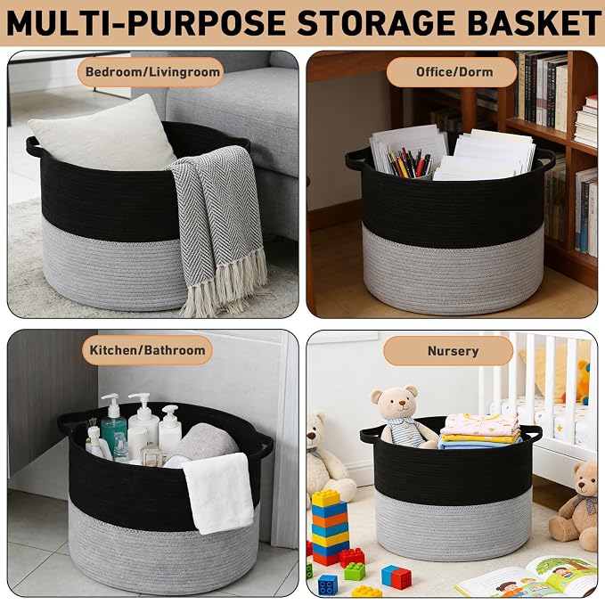 65L Large Blanket Basket,Woven Laundry Basket-Black&Light Grey | Collapsible, reinforced handles, nursery storage bin organizes clothes, toys and pillows for living room, bedroom bathroom