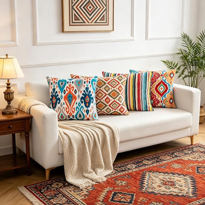 Boho Throw Pillow Covers 18x18 Set of 4 Colorful Ikat Geometric Decorative Cushion Covers with Hidden Zipper Soft Polyester Double Sided Print Machine Washable, No Inserts