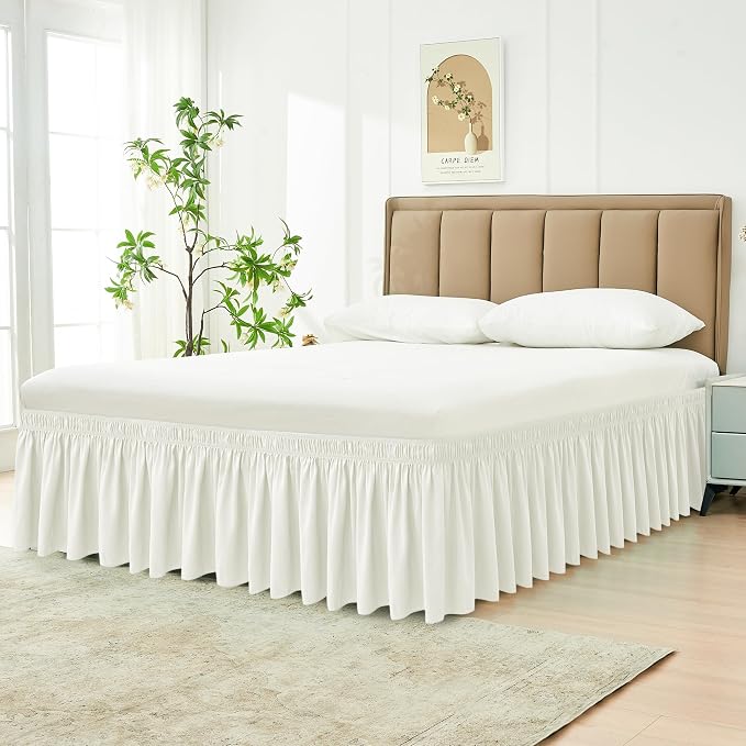 Wrap Around Bed Skirt King Size 18 Inch Drop-Elastic Dust Ruffle Ivory | Adjustable Pleated Bedskirt-Easy Fit Wrinkle Resistant Washable Hotel Quality Fabric Bed Skirting-Master Guest Bedroom Rental