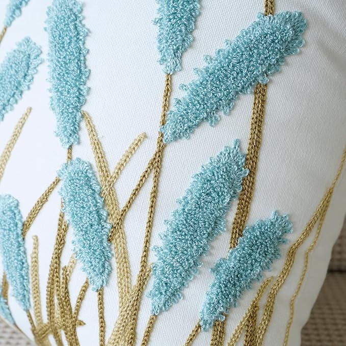vctops Farmhouse Pampas Grass Cotton Tufted Throw Pillow Cover Boho Embroidery Pillowcase Soft Square Cushion Case for Sofa Couch Bed Chair (Blue C,18"x18")