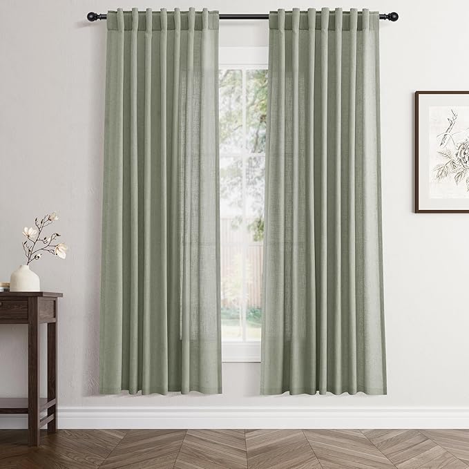 Jowels Sage Green Linen Curtains 72 Inch Long 2 Panels for Living Room | Light Filtering Semi Sheer Curtain, Back Tab Pocket Pleated Look, Boho Farmhouse Textured Privacy Drapes for Bedroom Window
