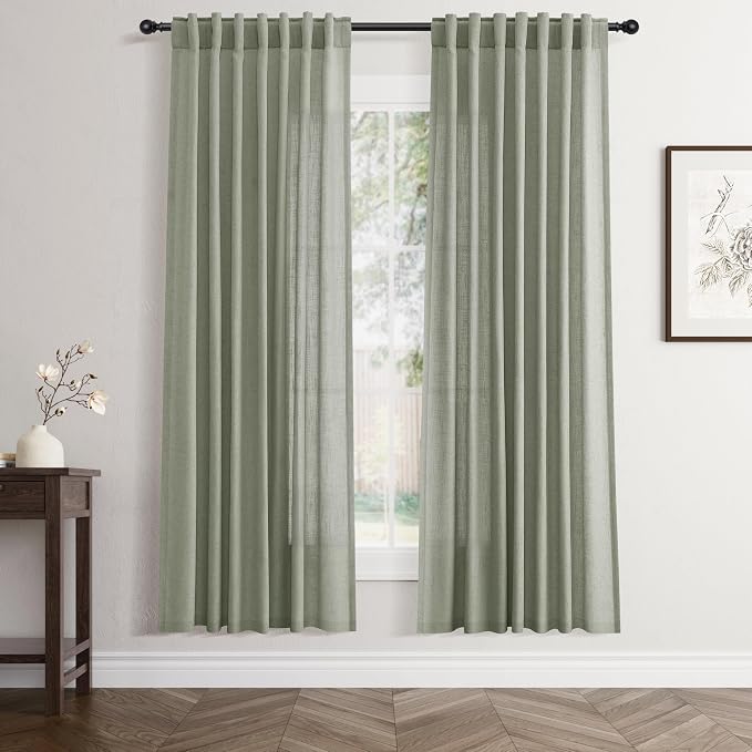 Jowels Sage Green Linen Curtains 78 Inch Long 2 Panels for Living Room | Light Filtering Semi Sheer Curtain, Back Tab Pocket Pleated Look, Boho Farmhouse Textured Privacy Drapes for Bedroom Window
