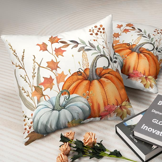 Orange Blue Pumpkin Pillow Covers 16x16 Fall Maple Leaves Throw Pillow Covers Autumn Decorative Cushion Case for Farmhouse Living Room Couch Patio Set of 2