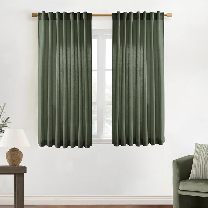 XTMYI Short Curtains for Bathroom Window,Dark Olive Green Boho Bathroom Decor Shower,Sheer Linen Kitchen Curtains,45 Inch Length