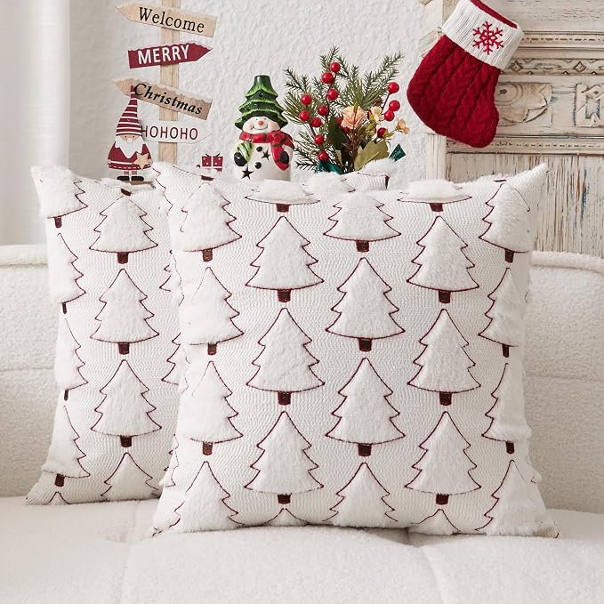 Kevin Textile Christmas Tree Pillow Covers 20x20 Inch Set of 2 Luxury Embroidery Soft Plush Faux Fur Decoration Pillowcases for Couch Sofa Holiday Festivals Winter Xmas Gift, Cream White & Red