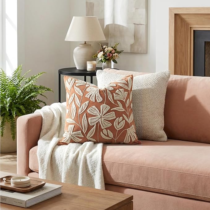 BlissBlush Throw Pillow Cover 20x20 Inch, Rust Terracotta Floral Tufted Velvet Decorative Accent Pillow Case for Sofa Bed Living Room, Cover Only