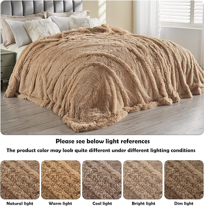 GONAAP Fuzzy Faux Fur Queen Blanket for Couch, Brown, 90"x90" | Warm Cozy Plush Shaggy Decorative Reversible Thick Non-Heated Fleece Blanket for Sofa Bed, Gift for Women Men, All Season Use