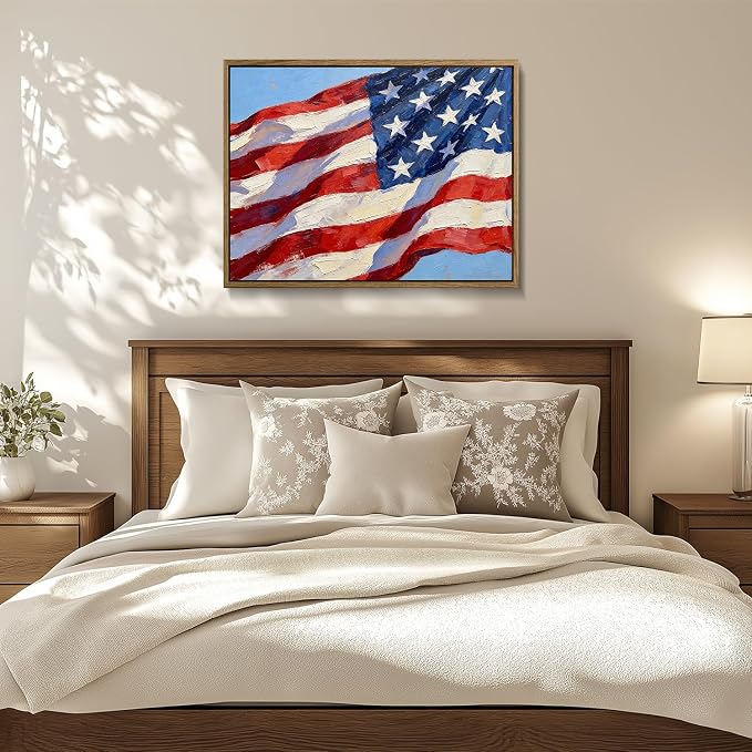 American Flag Framed Canvas Wall Art, 4th of July Patriotic Canvas Prints | USA Flag with Picture Poster Print, Modern Independence Day Wall Decor for Bedroom Living Room Office 20×24in