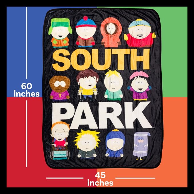 Silver Buffalo South Park Group, Fleece Throw Blanket, 45x60in | Kenny, Kyle, Stan, Eric Cartman, Tolkien, Jimmy, Butters, Wendy, Timmy, Tweek Tweak, Craig, Towelie, Soft and Cozy, 180 GSM