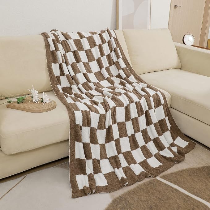 bearberry Soft Plush Throw Blanket for Couch, Cozy Warm & Lightweight | Knitted Fluffy Checkered Comfort Home Decor Gift for Women Mom Her, Sofa Chair Bed, 60x80in, Mocha